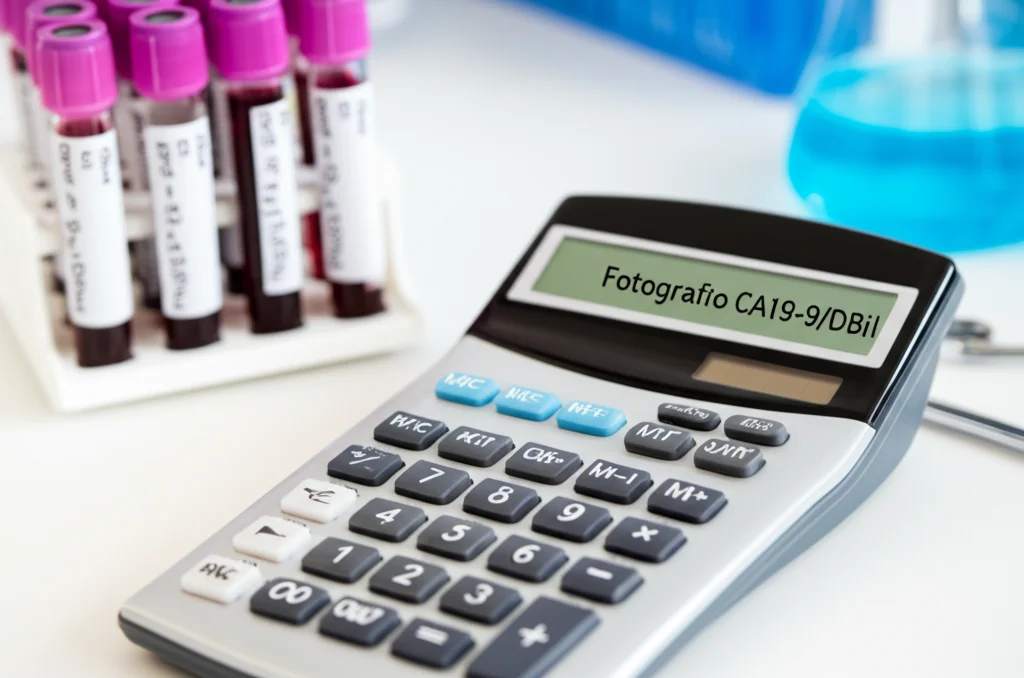 Fotografia still life di una calcolatrice scientifica che mostra il calcolo del rapporto CA19-9/DBil, con provette di siero sanguigno etichettate sullo sfondo sfocato, obiettivo macro 100mm, messa a fuoco precisa sul display della calcolatrice, illuminazione da laboratorio.