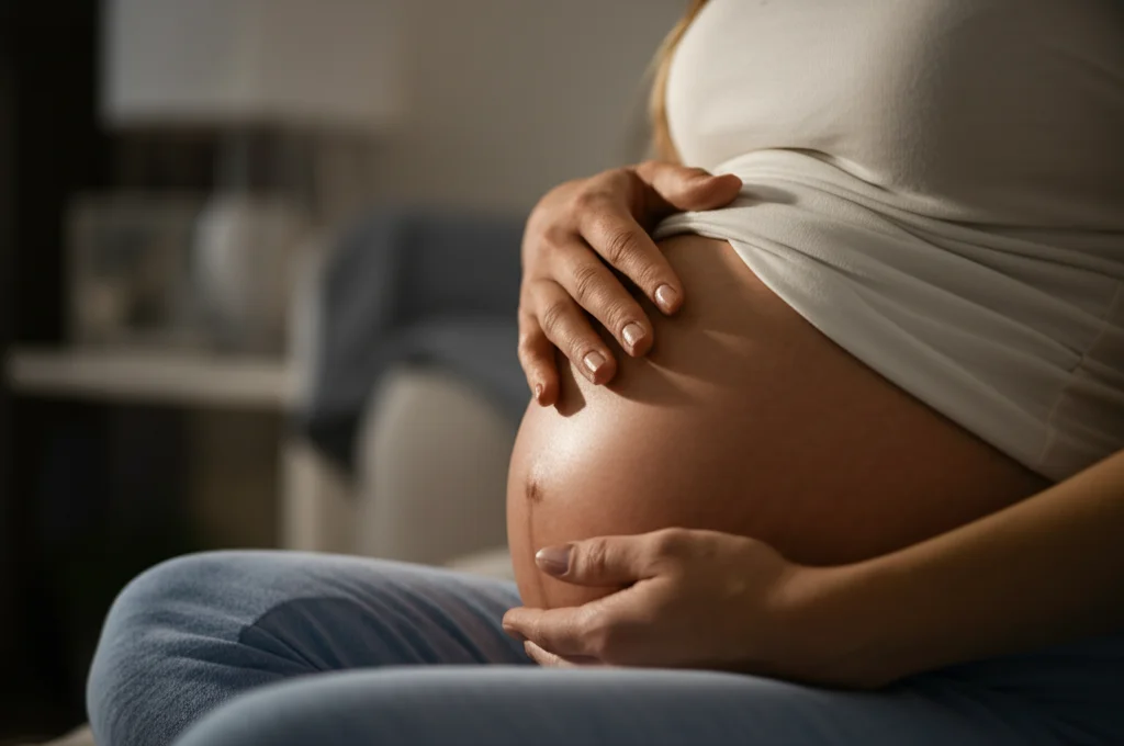 Fotografia macro di una mano di donna incinta che accarezza delicatamente il pancione, luce calda e soffusa, profondità di campo ridotta per sfocare lo sfondo, obiettivo macro 90mm, alta definizione, simboleggia cura e connessione.