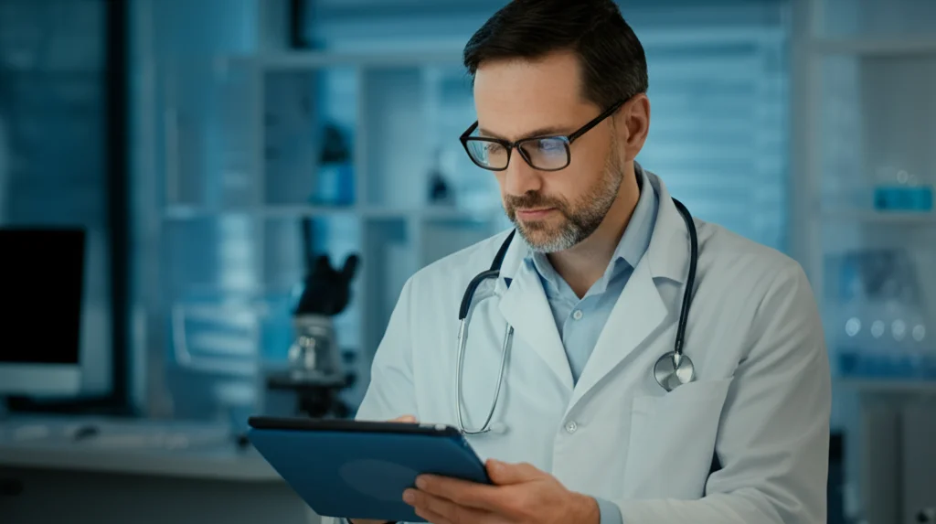 Ritratto di un medico dall'aspetto esperto e rassicurante che esamina i risultati di laboratorio su un tablet digitale in uno studio medico moderno e luminoso, luce naturale laterale, profondità di campo che sfoca lo sfondo, obiettivo 35mm.