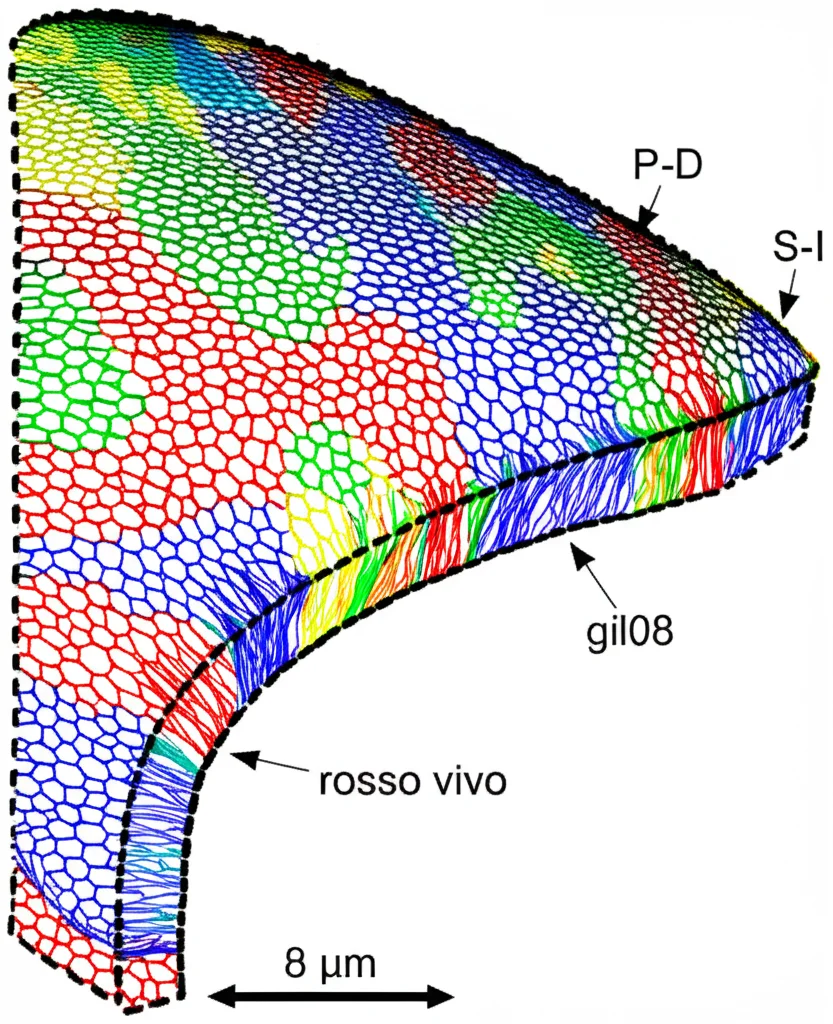 Visualizzazione scientifica da una simulazione computazionale (modello a vertici 2D) di un epitelio uditivo curvo. Le cellule ciliate sono colorate in base all'orientamento della loro polarità (es. rosso vivo per orientamento inferiore, blu scuro per superiore), mostrando un chiaro bias verso l'orientamento inferiore lungo il bordo curvo. Le giunzioni intercellulari sono rappresentate con linee di spessore variabile per indicare la tensione (più spesse = maggiore tensione). Alta risoluzione, etichette chiare per l'asse P-D curvo e la direzione S-I.