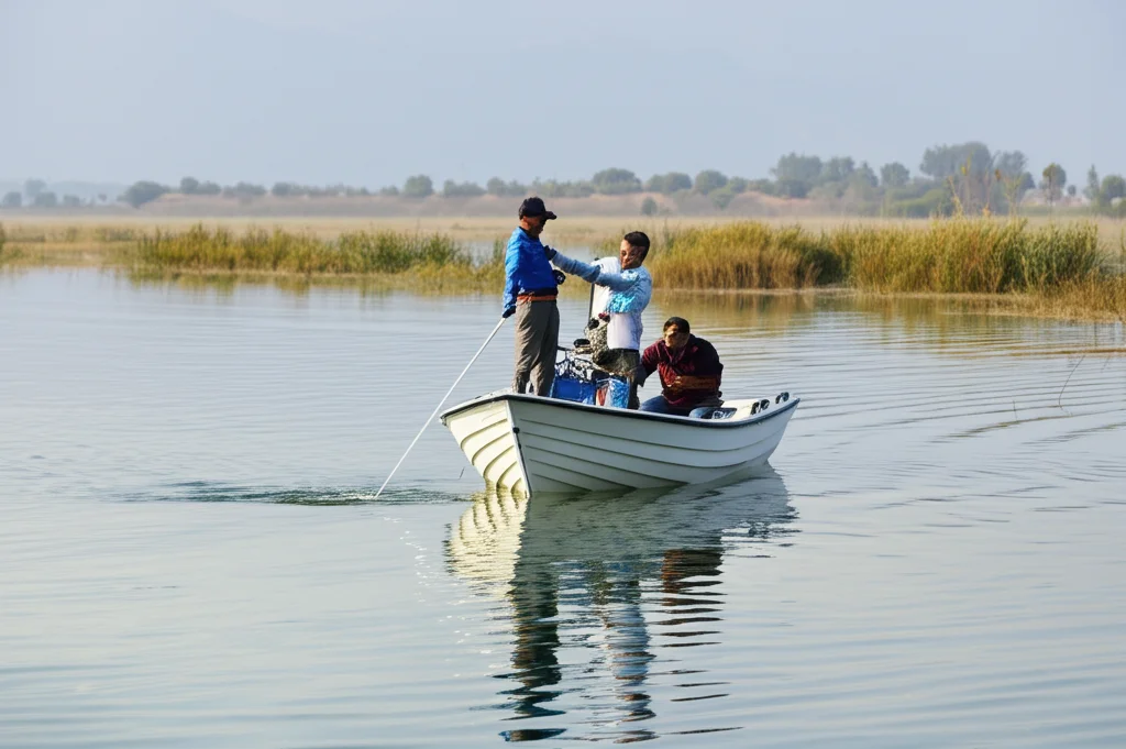 Fotografia di paesaggio del Lago Bafa, Turchia. Ricercatori su una piccola imbarcazione scientifica prelevano campioni d'acqua con attrezzatura specifica. Acqua calma ma leggermente torbida, canneti visibili sulla riva in lontananza. Luce naturale diffusa del mattino. Obiettivo grandangolare 18mm, messa a fuoco nitida sulla barca e l'acqua circostante, leggera foschia atmosferica.