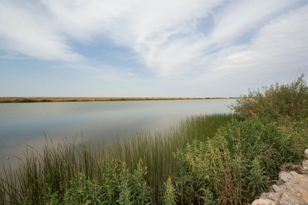 Veduta grandangolare del canale artificiale Serçin che sfocia nel Lago Bafa, Turchia. Acqua del canale visibilmente più scura o torbida rispetto a quella del lago nel punto di immissione. Cielo parzialmente nuvoloso che si riflette sull'acqua. Obiettivo grandangolare 14mm, lunga esposizione per rendere l'acqua liscia e setosa, messa a fuoco nitida sul punto di confluenza e sulla vegetazione ripariale.