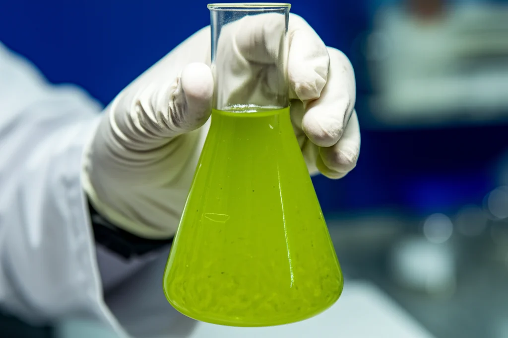 Fotografia macro di un campione d'acqua del Lago Bafa in una beuta di vetro trasparente tenuta in mano da un ricercatore con guanti. L'acqua appare visibilmente verdastra e torbida, con piccole particelle sospese, indice di eutrofizzazione. Illuminazione laterale che evidenzia la torbidità. Obiettivo macro 90mm, alta definizione, messa a fuoco precisa sulle particelle nell'acqua, sfondo sfocato del laboratorio o del lago.