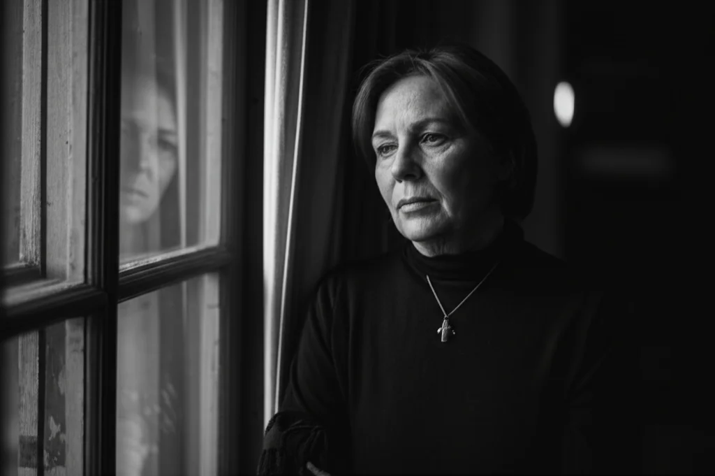 Ritratto fotografico di una donna di mezza età che esprime stanchezza e riflessione, seduta vicino a una finestra con luce soffusa, profondità di campo, obiettivo 35mm, bianco e nero.