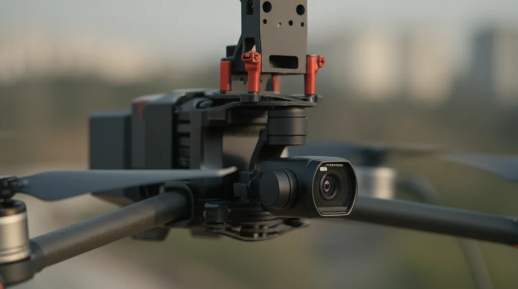 Immagine fotorealistica di un setup a doppia fotocamera montato su un drone agile, una con lente teleobiettivo 100mm e una grandangolare 16mm, ripresa con obiettivo prime 35mm, profondità di campo accentuata per isolare il setup tecnologico su uno sfondo sfocato di paesaggio urbano.