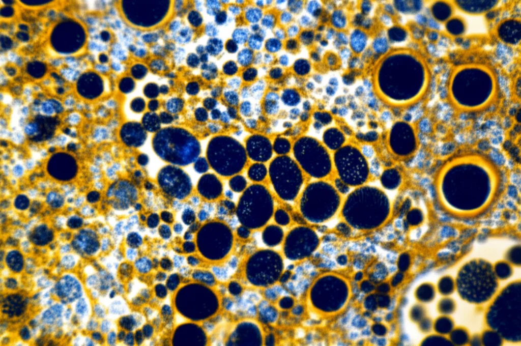 Micrografia elettronica a scansione fotorealistica di una sezione trasversale di ovaio di topo modello AARS2GOE. Si notano pochi follicoli primordiali (piccoli, quiescenti) e molti follicoli in varie fasi di sviluppo accelerato, alcuni con segni di atresia. Colori scientifici falsi (es. blu e oro duotone) per evidenziare le diverse strutture follicolari. Profondità di campo ridotta per focalizzare l'attenzione su un'area specifica. Alta risoluzione.