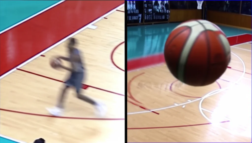 Comparazione affiancata fotorealistica: a sinistra un frame video a bassa risoluzione di una partita di basket con palla sfocata, a destra lo stesso frame migliorato da HSTR-Net con palla nitida e dettagli del canestro visibili. Obiettivo macro 100mm per evidenziare i dettagli recuperati, illuminazione da palazzetto sportivo.