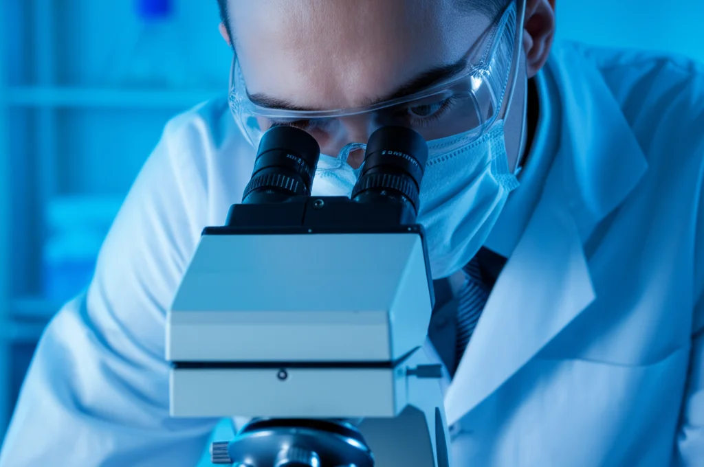 Ricercatore in laboratorio che osserva campioni di sangue sotto un microscopio, focus sui dettagli delle cellule del mieloma, illuminazione controllata da laboratorio, lente macro 100mm, alta definizione.