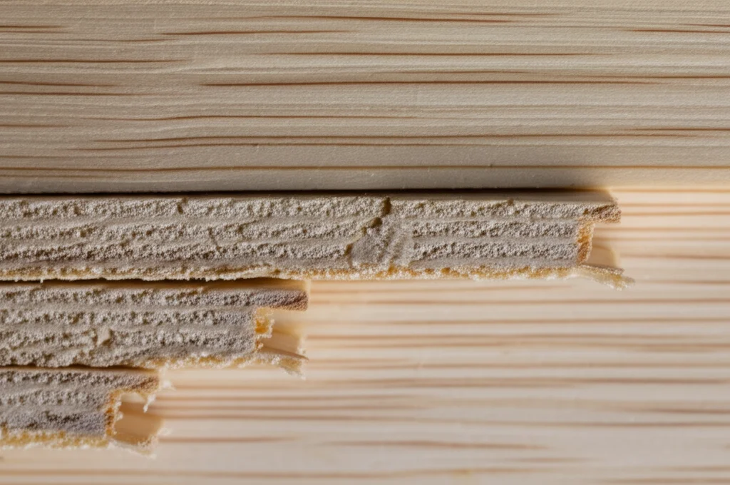 Macro fotografia di un pannello CLT in legno Sugi, obiettivo macro 90mm, alta definizione, illuminazione controllata che evidenzia le venature del legno e gli strati incrociati incollati con precisione.