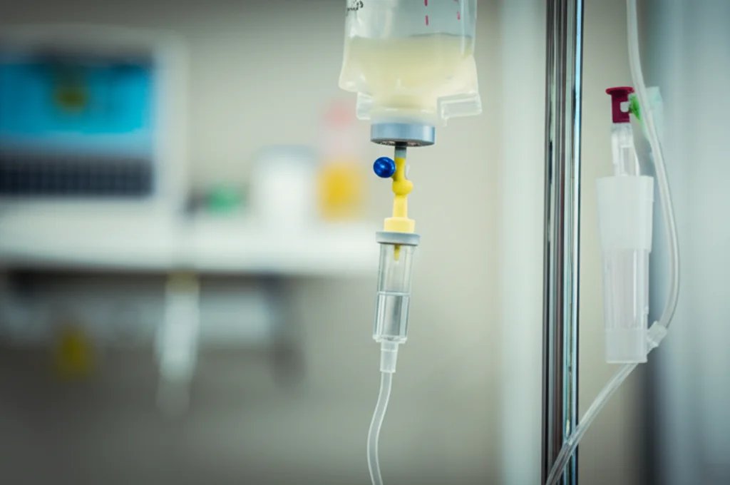Primo piano di una flebo per infusione endovenosa in un ambiente clinico ospedaliero luminoso e pulito, focus sulla sacca del farmaco isatuximab, profondità di campo, obiettivo prime 35mm, luce naturale.
