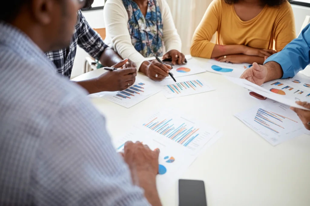 Un gruppo diversificato di persone (pazienti, familiari, operatori sanitari) seduti attorno a un tavolo rotondo in una sala riunioni luminosa, discutono animatamente ma costruttivamente indicando dei fogli e dei grafici. L'atmosfera è collaborativa. Fotografia realistica, obiettivo prime 35mm, profondità di campo media per includere tutti i partecipanti, luce naturale.