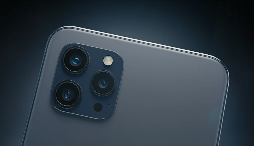 Visione futuristica di uno smartphone con un array multi-camera avanzato sul retro, ripreso con obiettivo 50mm prime, stile cinematografico high-tech con toni blu elettrico e grigio metallico duotone, focus nitido sui dettagli delle lenti multiple e sensori.