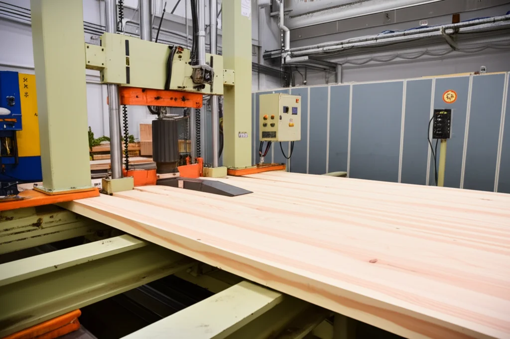 Fotografia di un test di flessione su un pannello CLT in un laboratorio, teleobiettivo zoom 150mm, tracciamento del movimento lento della macchina di prova, messa a fuoco precisa sul punto di carico centrale del pannello di legno Sugi.