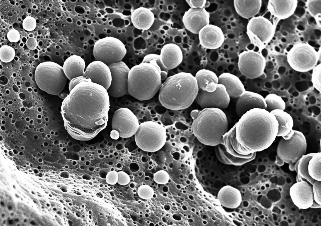 Macro fotografia, 100mm lens, di osteoclasti, cellule multinucleate, sulla superficie di un osso trabecolare, mostrando l'attività di riassorbimento. Illuminazione controllata per evidenziare i dettagli cellulari e la struttura ossea porosa. High detail, precise focusing.