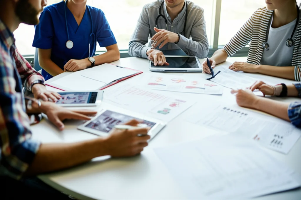 Gruppo eterogeneo di studenti di medicina collabora attorno a un tavolo rotondo in un'aula moderna con grandi finestre. Discutono animatamente, indicando schermi di tablet e appunti cartacei sparsi. Stile fotorealistico, obiettivo prime 35mm, profondità di campo che sfoca leggermente lo sfondo, luce naturale morbida.