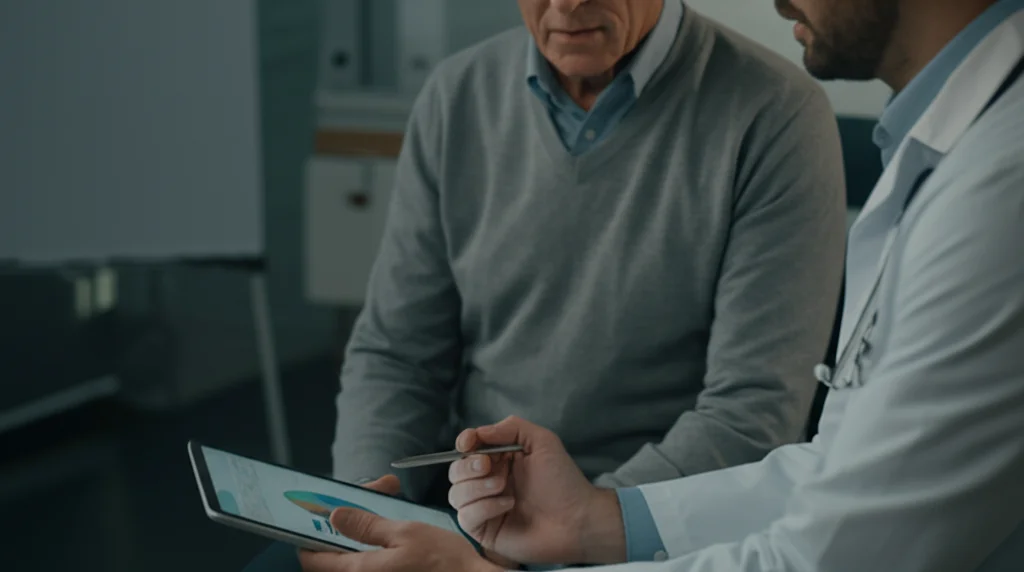 Primo piano di un medico che discute i risultati del rischio cardiovascolare con un paziente anziano, indicando un grafico dell'eGDR su un tablet. L'illuminazione è controllata e morbida, mettendo in risalto le espressioni facciali attente. portrait photography, 35mm lens, depth of field, controlled lighting.