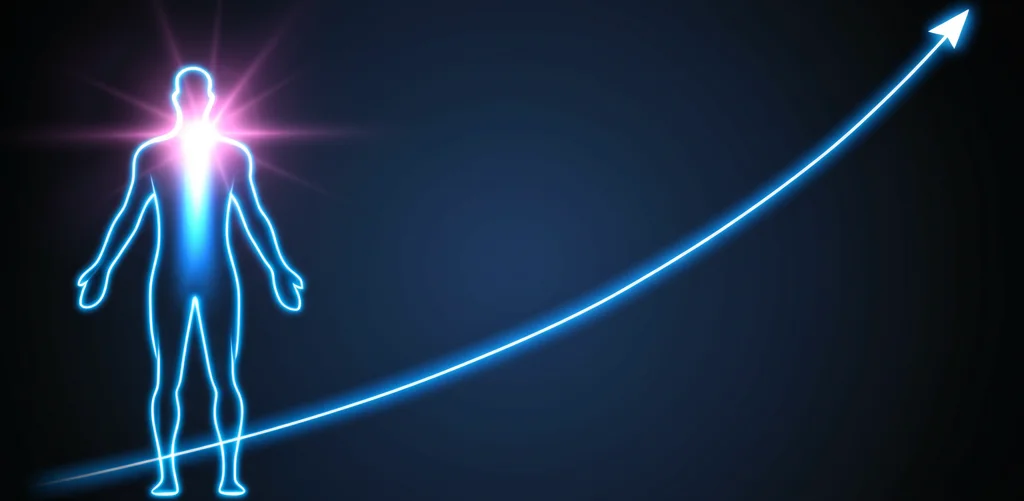 Visualizzazione astratta della longevità e della salute metabolica. Un grafico lineare ascendente che rappresenta un eGDR elevato si sovrappone a una silhouette umana luminosa su uno sfondo scuro. wide-angle, 20mm lens, sharp focus, symbolic representation.