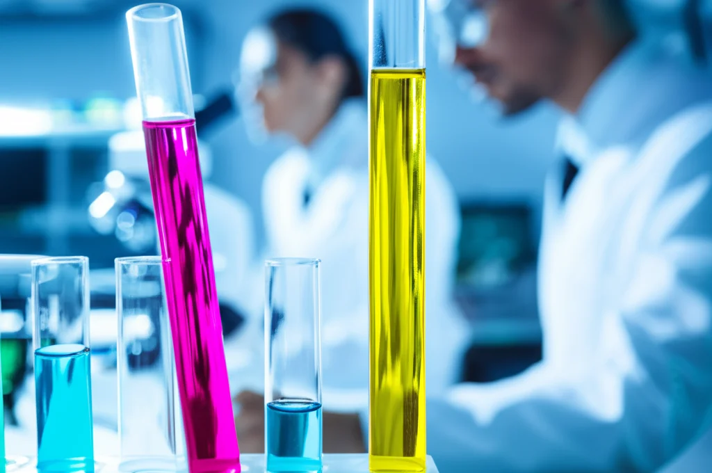 Ambiente di laboratorio di ricerca con scienziati che analizzano campioni o dati su schermi. Focus su microscopio o provette con liquidi colorati che rappresentano l'analisi del glucosio. macro lens, 100mm, high detail, precise focusing, controlled lighting.