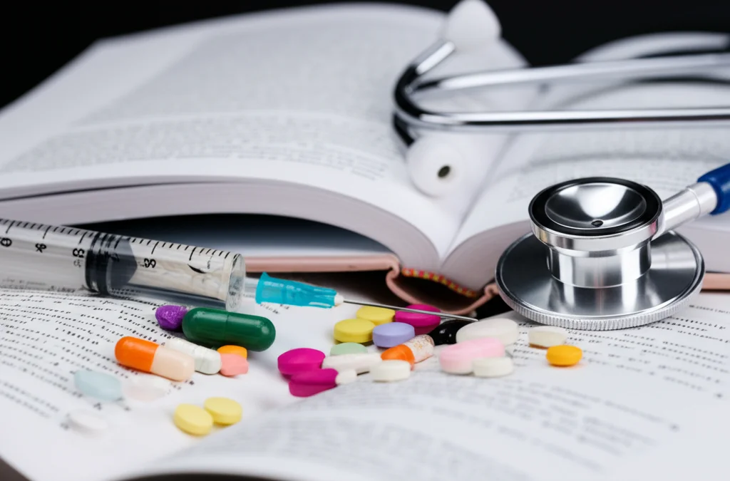 Macro fotografia di diverse pillole colorate sparse su un libro di testo di farmacologia aperto, accanto a una siringa e uno stetoscopio. Obiettivo macro 90mm, alta definizione dei dettagli delle pillole e del testo, illuminazione controllata e leggermente drammatica, sfondo scuro e sfocato.