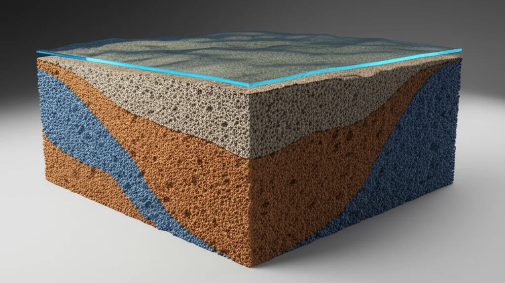 Visualizzazione 3D fotorealistica di un blocco di terreno che mostra l'acqua superficiale stilizzata (un sottile strato blu) che interagisce con l'acqua sotterranea satura e insatura (diverse tonalità di marrone/blu), evidenziando l'interfaccia di scambio. Illuminazione controllata laterale, dettagli elevati della porosità del suolo, lente macro 80mm.