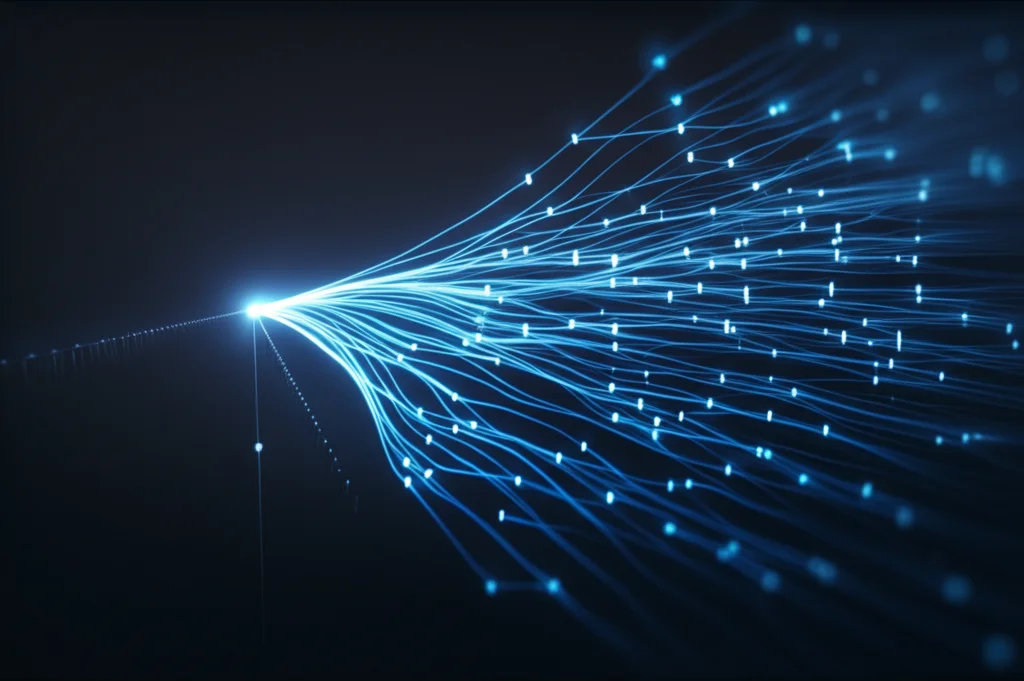 Grafico astratto fotorealistico che simboleggia la convergenza di un'iterazione numerica, con linee luminose blu su sfondo scuro che si avvicinano rapidamente a un punto stabile. Profondità di campo accentuata, stile minimalista high-tech, lente prime 35mm.