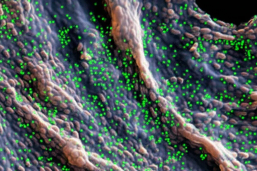 Macro fotografia, 90mm lens, di un emocita di ostrica (cellula immunitaria) che sta per inglobare batteri Vibrio splendidus fluorescenti (verdi). Si notano strutture interne della cellula. High detail, precise focusing, controlled lighting per evidenziare l'interazione cellula-batterio.