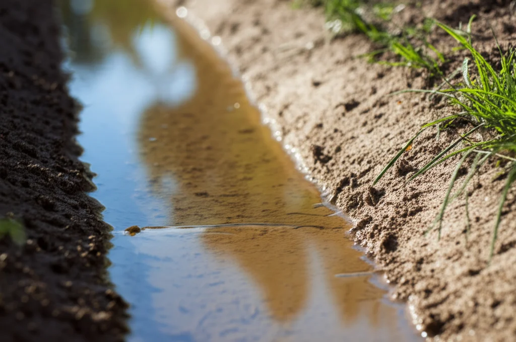 Sezione trasversale fotorealistica di un terreno limoso vicino a un fosso di drenaggio simulato, che mostra chiaramente il fronte di saturazione dell'acqua che si abbassa. Dettagli del suolo molto definiti, illuminazione naturale laterale che crea ombre morbide, lente macro 100mm, messa a fuoco precisa sul fronte dell'acqua.