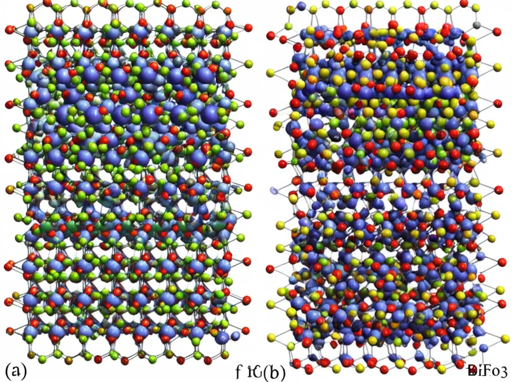 Visualizzazione 3D fotorealistica della struttura cristallina del BiFeO3 prima (fase MC, monoclinica) e dopo (fase O, ortorombica) la solfurazione, evidenziando la distorsione reticolare. Wide-angle lens, 20mm, sharp focus, controlled lighting per enfatizzare i dettagli atomici.