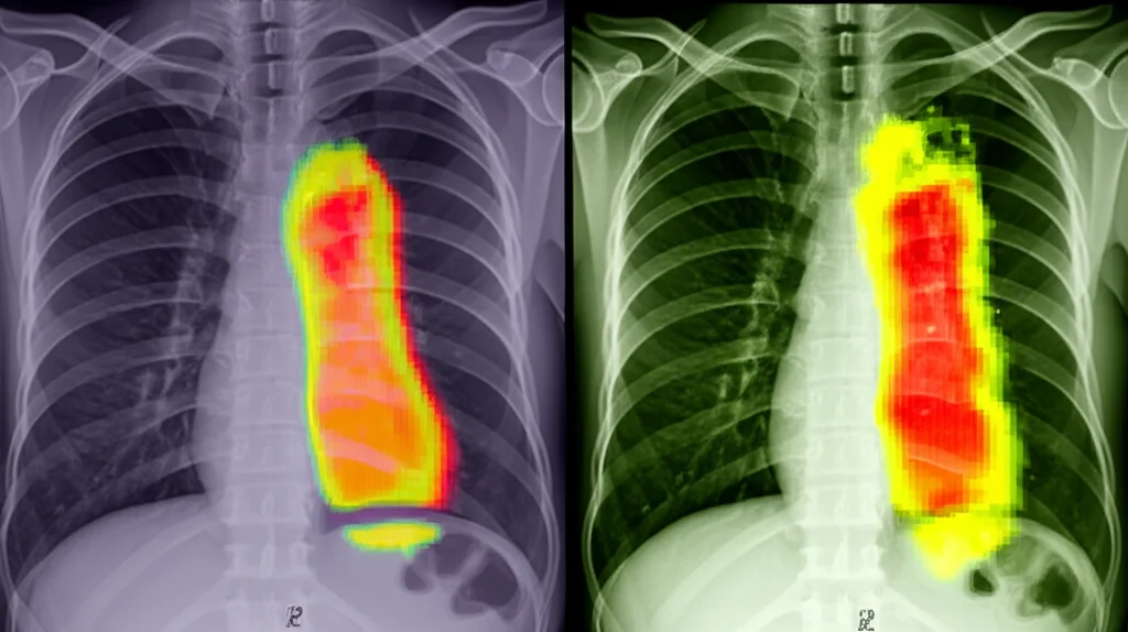 Fotografia realistica di uno schermo medico che mostra affiancate una radiografia del torace (CXR) di un paziente COVID-19 e la sua corrispondente mappa di calore Grad-CAM. La mappa di calore usa colori vivaci (dal giallo al rosso intenso) per evidenziare le aree polmonari che l'IA ha identificato come cruciali per la diagnosi di gravità. Dettaglio elevato, obiettivo macro 60mm, illuminazione da studio controllata.