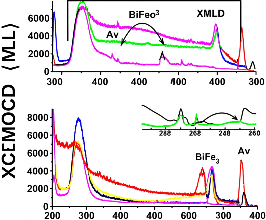 Grafico scientifico fotorealistico che mostra gli spettri XMCD e XMLD del BiFeO3 prima e dopo la solfurazione, con linee colorate distinte su sfondo scuro. High detail, precise focusing sui picchi spettrali, illuminazione da laboratorio.