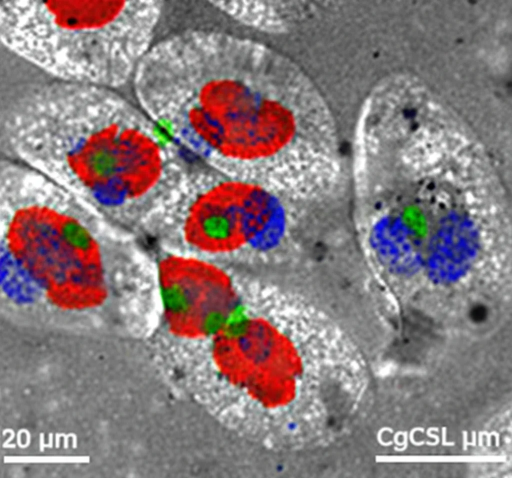 Immagine al microscopio a fluorescenza, wide-angle 20mm, che mostra diversi emociti di ostrica. Alcuni contengono batteri Vibrio splendidus (verdi) co-localizzati con lisosomi (rossi) e la proteina CgCTSL-2 (blu). Nuclei cellulari in grigio. Sharp focus, illuminazione specifica per canali fluorescenti.