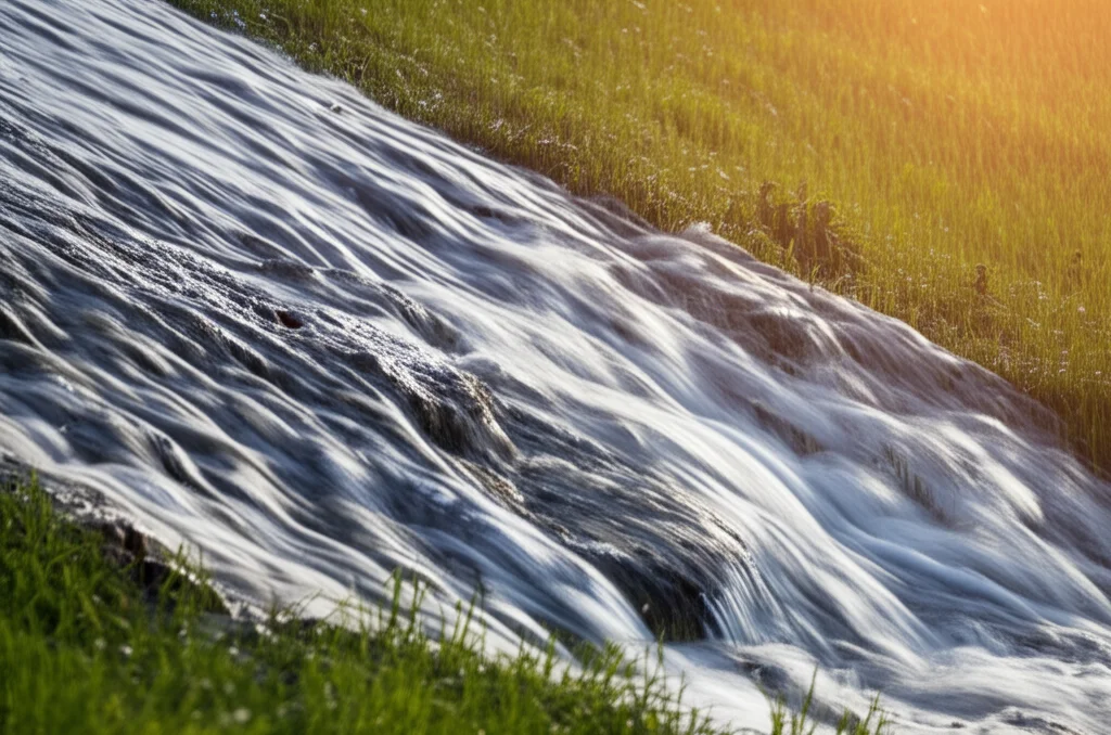 Paesaggio fotorealistico di una collina inclinata (hillslope) durante una simulazione di pioggia intensa, con evidente ruscellamento superficiale che forma piccoli rivoli e indicazione schematica del livello della falda acquifera sottostante che risale. Grandangolo 15mm, lunga esposizione per rendere l'acqua del ruscellamento liscia e fluida, messa a fuoco nitida su tutto il paesaggio, luce del tardo pomeriggio.