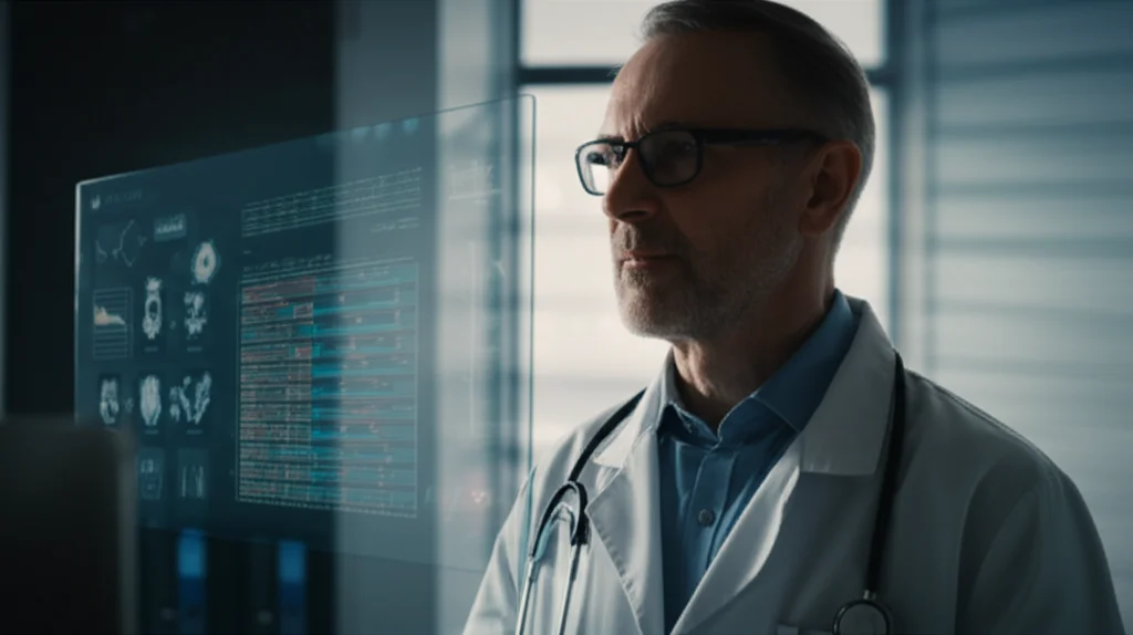 Ritratto di un medico oncologo che analizza dati complessi su uno schermo digitale trasparente che mostra grafici e il nomogramma per il cancro esofageo superiore. Luce soffusa da una finestra laterale, profondità di campo ridotta, lente prime 35mm, atmosfera di concentrazione e speranza futura. Depth of field, blue and grey duotones.