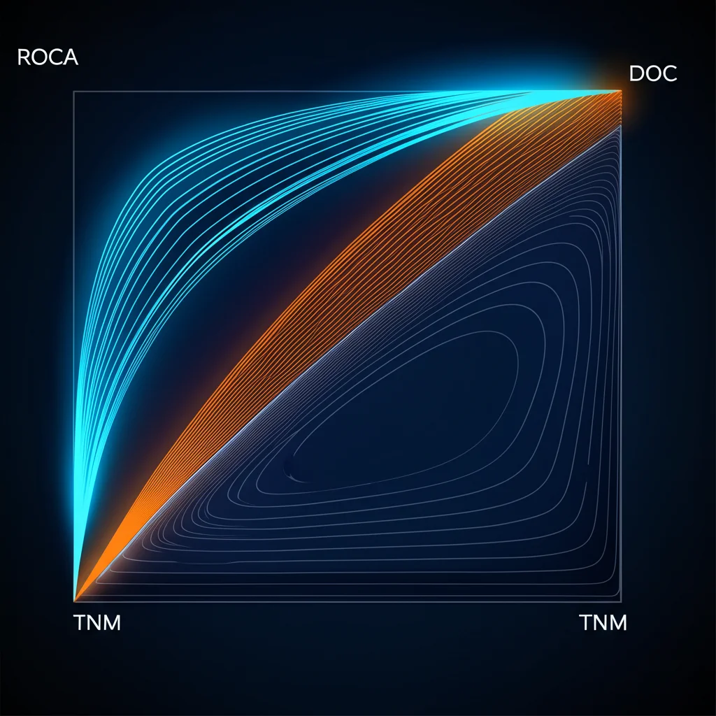 Visualizzazione astratta e luminosa di curve ROC e DCA che si intersecano e migliorano, rappresentando il confronto tra il nuovo modello ESCA superiore (linea più performante) e il modello TNM (linea meno performante). Colori vibranti come blu elettrico e arancione su sfondo scuro high-tech, alta definizione, concetto di precisione diagnostica e miglioramento predittivo.