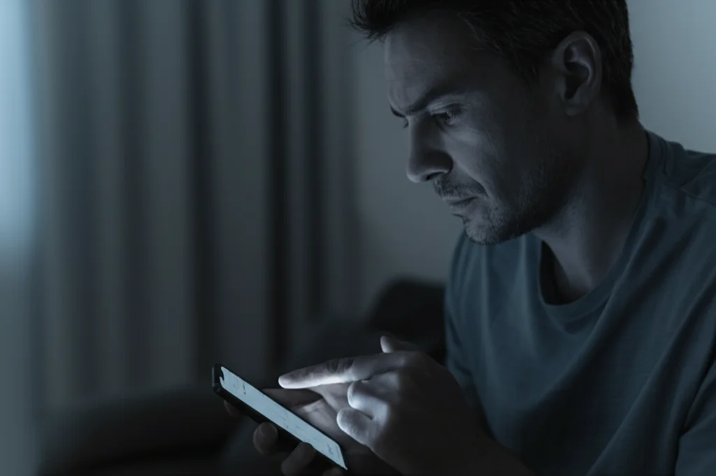 Primo piano di un adulto concentrato mentre interagisce con uno smartphone, rispondendo a una notifica EMA. Luce soffusa, ambiente quotidiano come un soggiorno. Obiettivo prime 35mm, profondità di campo ridotta per focalizzare sull'espressione pensierosa. Tonalità duotone blu e grigio per un'atmosfera introspettiva.