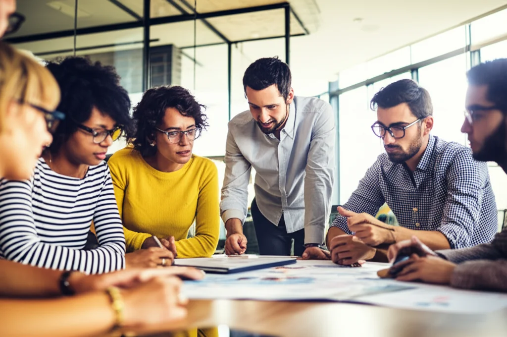 Fotografia di ritratto di gruppo, persone diverse etnie e età discutono finanze davanti a una mappa del mondo stilizzata, sfondo sfocato ufficio moderno, obiettivo 35mm, profondità di campo, luce naturale.