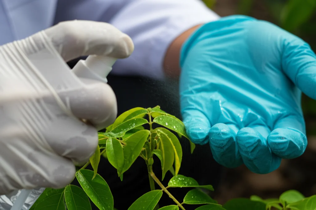 Primo piano, lente macro (100mm), che mostra la mano guantata di uno scienziato mentre spruzza con cura una fine nebbia di liquido trasparente (rappresentante la soluzione di 24-epibrassinolide) sulle foglie verdi brillanti di una piantina di Genipa americana. Alto dettaglio, messa a fuoco precisa sulle goccioline d'acqua che si formano sulla superficie fogliare, sfondo sfocato morbido (bokeh).