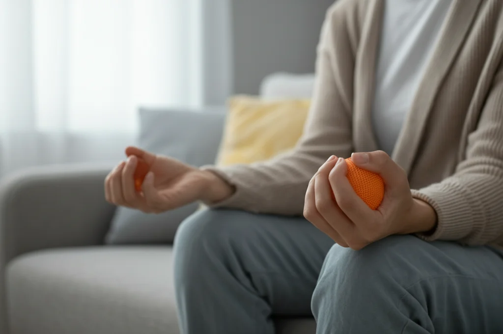 Una persona seduta tranquillamente su un divano, pratica una tecnica di mindfulness o self-soothing (es. stringe delicatamente una palla antistress). Luce naturale da una finestra. Obiettivo 50mm, messa a fuoco precisa sulle mani e sull'oggetto, sfondo leggermente sfocato. Dettagli elevati, still life.