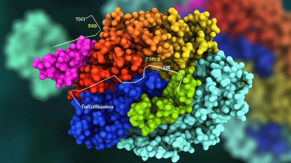 Visualizzazione 3D di una proteina TDP-43 complessa, con focus sul dominio N-terminale (NTD) evidenziato dove avviene la fosforilazione S48. Illuminazione da laboratorio controllata, stile macro lens 100mm per dettaglio elevato sulla struttura molecolare, sfondo sfocato per profondità di campo.