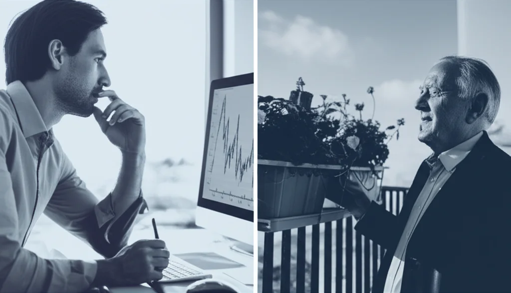 Fotografia dittico: a sinistra giovane adulto preoccupato davanti a un computer con grafici finanziari, a destra anziano sereno che annaffia piante sul balcone, obiettivo 50mm prime, luce naturale controllata, duotone blu e grigio.