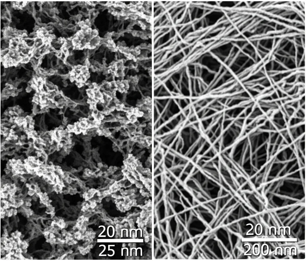 Micrografia elettronica fotorealistica (TEM) che mostra un confronto fianco a fianco: a sinistra, grandi aggregati proteici amorfi formati da TDP-43 fosforilata; a destra, fibrille amiloidi distinte e filamentose formate da TDP-43 non modificata. Alto dettaglio, illuminazione precisa, stile macro 60mm, contrasto elevato.