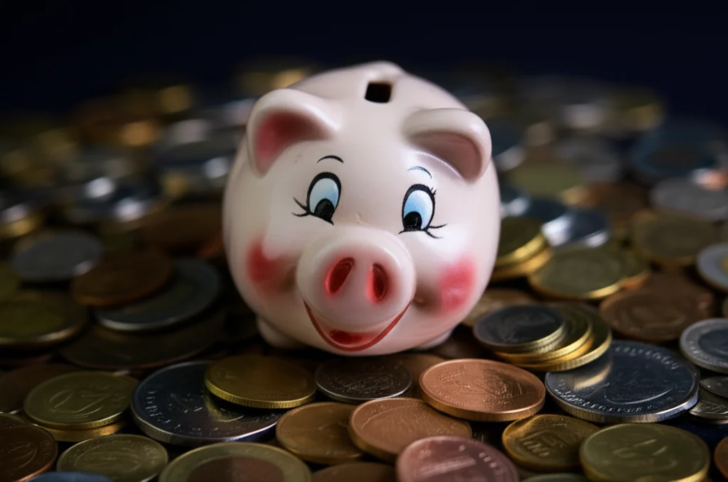 Fotografia macro di un piccolo salvadanaio a forma di porcellino appoggiato su vecchie monete di diverse nazioni, obiettivo macro 100mm, alta definizione, illuminazione soffusa e controllata, focus selettivo sul salvadanaio.