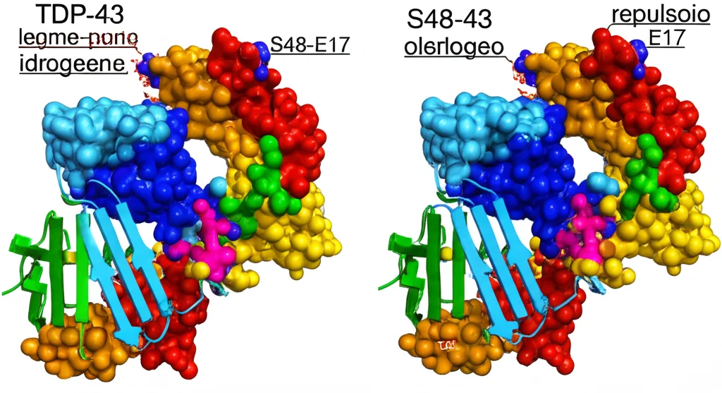 Modello molecolare 3D che illustra l'interfaccia di interazione tra due domini NTD di TDP-43. Un'immagine mostra l'interazione normale (legame idrogeno S48-E17). Un'altra immagine mostra la repulsione elettrostatica tra il gruppo fosfato pS48 e E17, causando un allontanamento. Prime lens 35mm, profondità di campo per focalizzare sull'interfaccia, illuminazione che evidenzia le cariche.