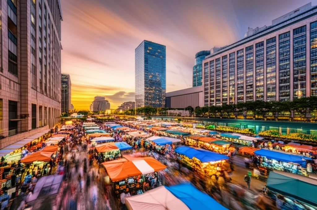 Fotografia paesaggio urbano, mercato tradizionale vivace con persone diverse in primo piano che sfuma verso grattacieli moderni sullo sfondo al tramonto, obiettivo grandangolare 15mm, lunga esposizione per nuvole mosse, colori caldi e saturi.
