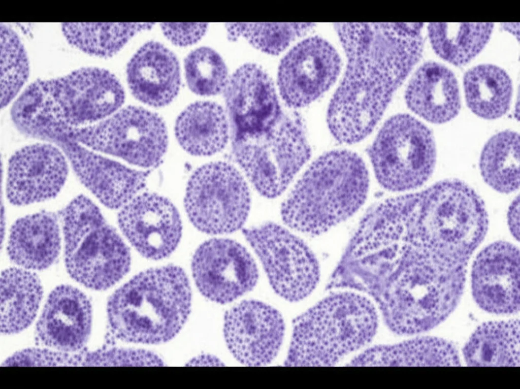 Immagine fotorealistica al microscopio di cellule di carcinoma renale oncocitico a basso grado FH-deficiente. Si notano cellule grandi con abbondante citoplasma eosinofilo denso, aspetto 'ground glass', e nuclei prevalentemente regolari ma con focali atipie. Obiettivo macro 100mm, alta definizione, illuminazione controllata, messa a fuoco precisa sui dettagli citoplasmatici.
