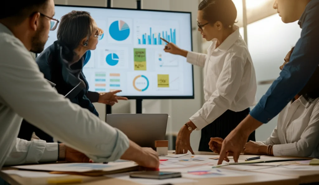 Un gruppo eterogeneo di 3-4 professionisti della progettazione didattica, di età diverse, riuniti attorno a un tavolo moderno in un ufficio luminoso. Stanno discutendo animatamente, indicando grafici e note su un grande schermo digitale e su fogli sparsi sul tavolo. L'atmosfera è collaborativa e concentrata. Obiettivo prime 35mm, profondità di campo ridotta per mettere a fuoco il gruppo centrale, sfondo leggermente sfocato. Illuminazione controllata da ufficio.