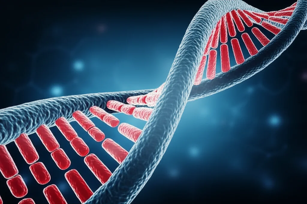 Illustrazione astratta che rappresenta l'analisi del DNA e le mutazioni genetiche. Doppia elica stilizzata con segmenti evidenziati in rosso a indicare mutazioni nel gene FH. Sfondo tecnologico blu scuro, effetto profondità di campo.