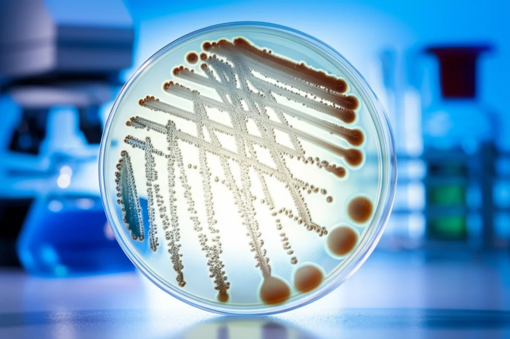 Microbiologia: Piastra di Petri con colonie batteriche di Moraxella catarrhalis, vista macro, obiettivo 90mm, alta definizione, illuminazione controllata da laboratorio, sfondo sfocato di attrezzature scientifiche.