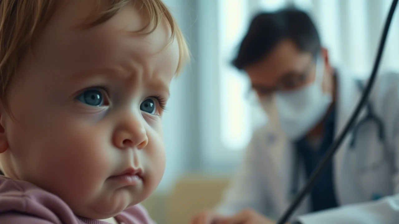 Pediatria: Bambino piccolo (circa 1 anno) visitato da un medico con stetoscopio, focus sul volto leggermente preoccupato del bambino, luce soffusa da finestra, obiettivo 35mm, profondità di campo ridotta, colori tenui.