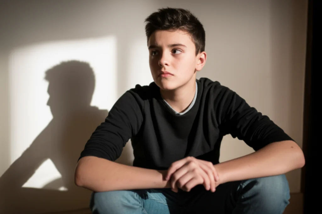 Primo piano di un adolescente con espressione confusa e leggermente ansiosa, seduto in una stanza tranquilla. Obiettivo prime 50mm, profondità di campo ridotta per isolare il soggetto, luce naturale laterale che crea ombre morbide, colori leggermente desaturati.